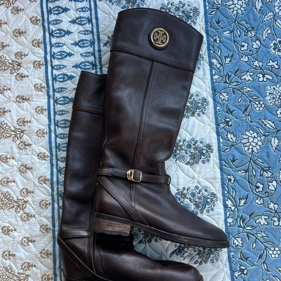 Tory Burch Dark Brown Leather Boots with Gold Accents - Picture 3 of 5